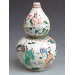 Chinese famille verte double gourd vase with Kangxi mark to base, 36cm tall