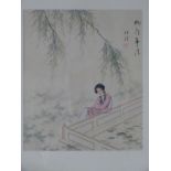 Four Japanese framed watercolours on silk of geisha girls, signed to corners 34 x 29cm