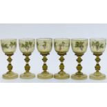 Set of six hand-painted and jewelled hock glasses in the style of Moser, 17.5cm tall