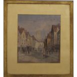 A 19thC watercolour street scene with church beyond, indistinctly signed lower right, 27 x 24cm