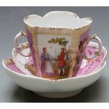 Dresden quatrefoil shaped loving cup and saucer decorated with Watteau scenes and flowers, H9cm