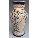 AC JC Bailey Fulham Pottery pedestal jug (handle missing) decorated with a medieval knight and a