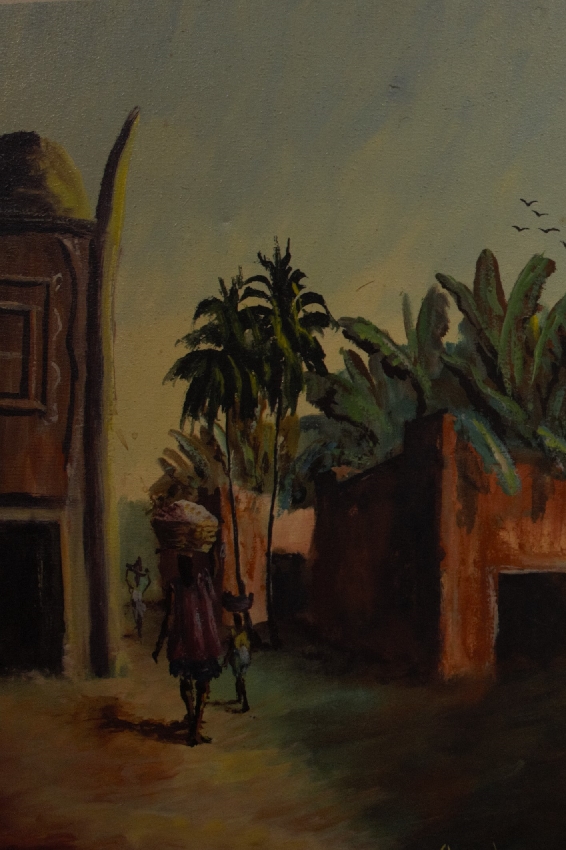 Five African oil on canvas portraits of tribal people and a further example depicting a village - Image 20 of 22