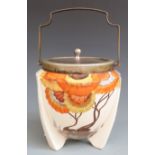 Clarice Cliff Wilkinson Pottery Bizarre biscuit barrel in the Rhodanthe pattern, with plated lid and
