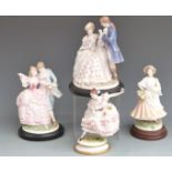 Three Royal Worcester figures and a Dresden lace style figurine. including Flirtation, The Tryst and