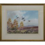 Robert W. Milliken pair of watercolours pheasants in flight above a moorland landscape, each