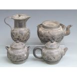 Chinese pewter and black basalt/pottery four piece tea set by Wen Hua Shun, Iso North Gata, Wei