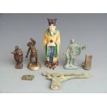 Egyptian amulet, brass figures, bronze age style miniature axe head etc., tallest 21cm
