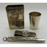 Chinese silver money clip, small hammered tot cup with Chinese mark to base, Chinese silver pencil