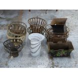 Metal jardinieres, pedestal metal jardiniere holders, art glass vase etc