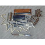 Quantity of vintage woodworking tools to include mortice gauges, planes, parallel rule, WWII