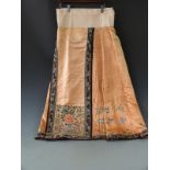19thC Chinese skirt embroidered with a vase of peonies, floral, gold thread and pleated