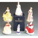 Six Royal Doulton figurines including Take Me Home HN3662 and Kate Greenaway Anna HN2802