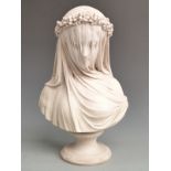 19thC Crystal Palace Art Union bust 'The Veiled Bride' on circular socle, possibly Copeland Spode,