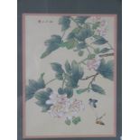 Four Chinese embroideries and watercolours depicting prunus blossom, birds and insects, largest 40 x
