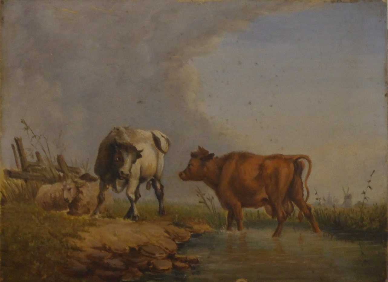 19thC oil on board of cattle and sheep with windmill beyond, 15 x 20cm, with panel supplier's