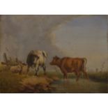 19thC oil on board of cattle and sheep with windmill beyond, 15 x 20cm, with panel supplier's