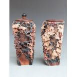 A pair of Chinese soapstone covered vases with pierced floral decoration, H20cm