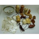 Collection of modern Oriental items including bone inro, netsukes, hatpins, carved figures etc and