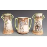 Pair of Royal Doulton Dickens Series Ware twin handled vases and a tyg, tallest 20cm