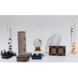 Two glass thermometers, vase, crystal ball on stand, Halcyon Days egg, paperweight stands etc