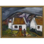 John H O'Donnell oil on board cottage with figures, by repute from his 'Children of the Valley'