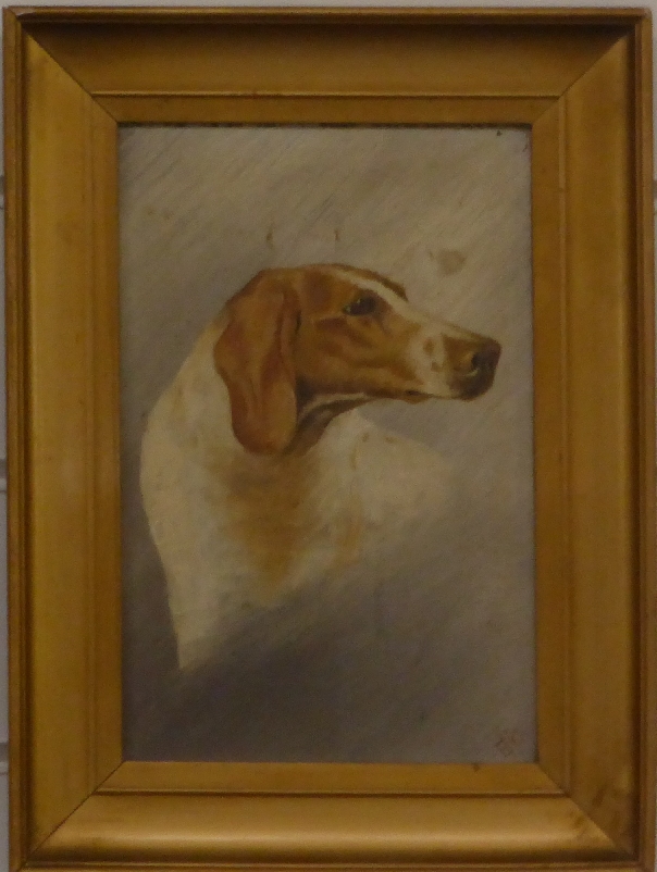 A 19thC oil on board of a hound or similar dog, initialled lower right EHC, 22 x 14cm