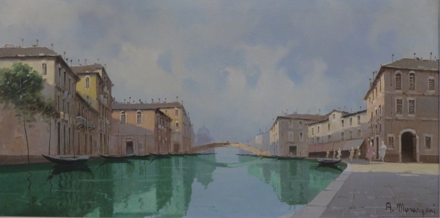 Aldo Muranigoni large oil on canvas Venetian canal scene, signed lower right, 60 x 120cm - Image 2 of 6