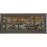D Hughes watercolour sailing boats/harbour scene, signed lower centre, 25 x 74cm