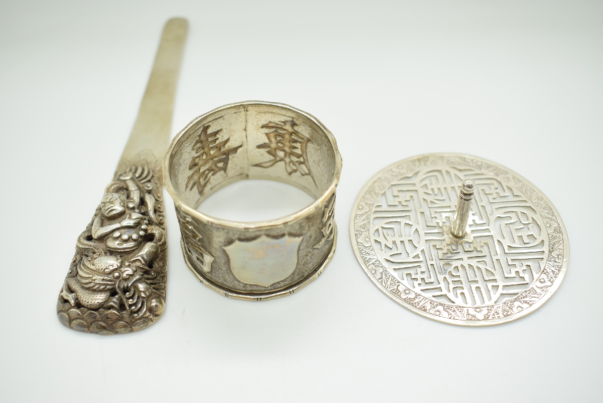Chinese white metal napkin ring with Chinese character mark decoration and maker's mark CH,