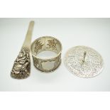 Chinese white metal napkin ring with Chinese character mark decoration and maker's mark CH,