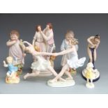 Wien figural group of two dancers, Royal Dux snake charmer, Worcester figures (no stamps) &