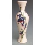 Moorcroft pedestal vase decorated with harebells or similar, dated 2009 and initialled to base LB