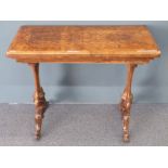19th century burr walnut fold over games table raised on carved legs, size when folded L91 x D46 x