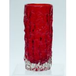 Geoffrey Baxter for Whitefriars cylindrical textured bark vase in red, 19cm tall.