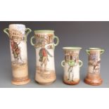 Four Royal Doulton Dickens Series ware twin handled vases, tallest 24cm