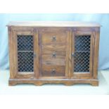 An Eastern hardwood sideboard with three drawers and decorative ironwork doors, W12 x D41 x H81cm