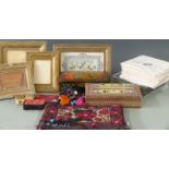 A collection of Eastern boxes, vizagapatam picture frames and textiles