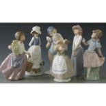Six Nao figurines, girls with animals. horses etc, tallest 14cm