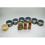 Six Chinese cloisonné napkin rings, soapstone sealwith Buddaha finial, engraved Japanese napkin