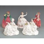 Five Royal Doulton figurines including Top o' The Hill, Lady Charmain, Shirley, Antoinette and My