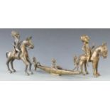 Pair of Ashanti mounted brass figures and figural group in a canoe, height 20cm