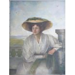 19th/early 20thC oil on canvas of a lady with extensive landscape beyond, indistinctly inscribed