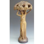 Goldscheider Art Nouveau figural lamp in the form of Eve reaching up into an apple tree. Impressed