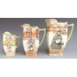 Three graduated Royal Doulton Dickens Series Ware jugs, tallest 19cm