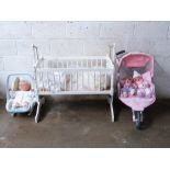 A vintage hanging/ swinging white crib, 84 x 43cm, dolls pushchair/ twin buggy with two dolls and