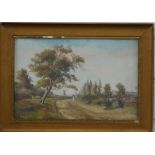 Charles Frederick Rump 19thC pair of oils of figures on a tree lined country lane with church tower,