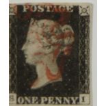 Great Britain 1d black S.I. 4 margins, light red Maltese cross cancellation, plate 5