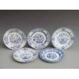 Five 19thC Chinese export plates decorated with vases of peonies, chrysanthemums, fruit and