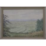 G Merrett watercolour the Severn from Frocester, patchwork of Gloucestershire fields with river